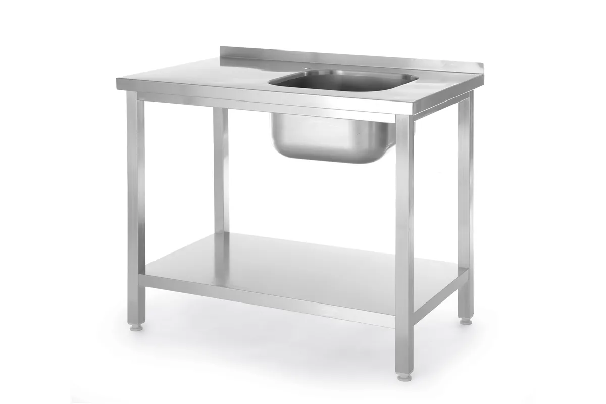 Stół ze zlewem i półką – skręcany, Kitchen Line, zlew po lewej, 1000x600x850mm Hendi 817025