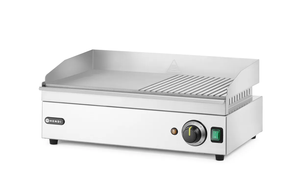 Płyta grillowa w połowie żebrowana, Kitchen Line, 1/2 gładka, 1/2 ryflowana, 220-240V/2400W, 527x404x233mm Hendi 154946