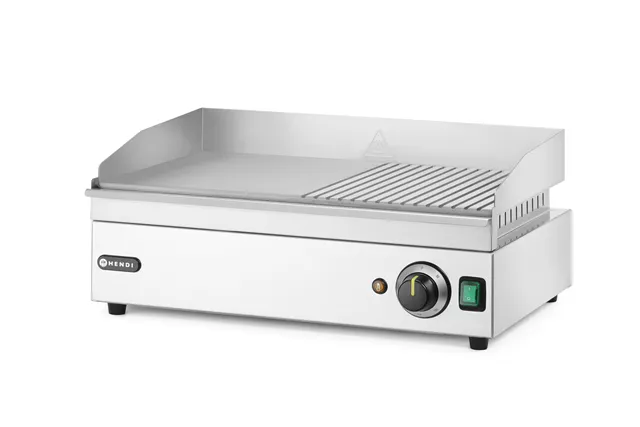 Płyta grillowa w połowie żebrowana, Kitchen Line, 1/2 gładka, 1/2 ryflowana, 220-240V/2400W, 527x404x233mm Hendi 154946