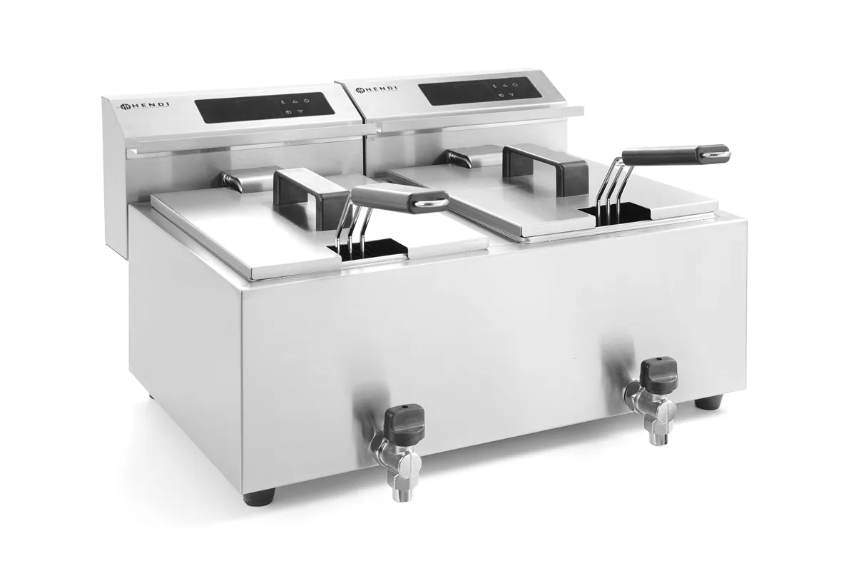 Frytownica z panelem cyfrowym z kranem spustowym 2×8l, Profi Line, 16L, 230V/7000W, 605x515x350mm Hendi 207376