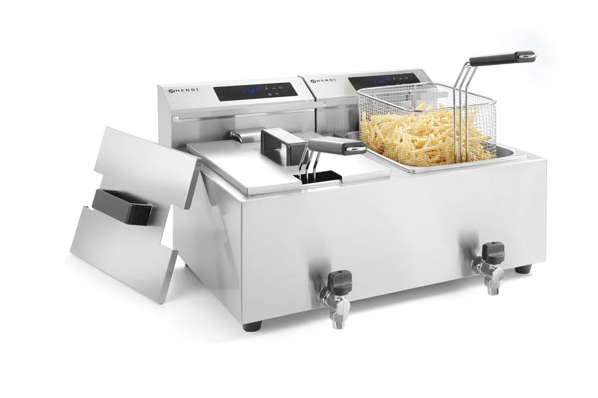 Frytownica z panelem cyfrowym z kranem spustowym 2×8l, Profi Line, 16L, 230V/7000W, 605x515x350mm Hendi 207376