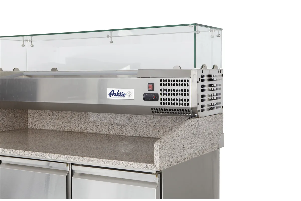 Stół chłodniczy do pizzy 3-drzwiowy z nadstawą i blatem granitowym, 254L, 230V/400W, 1400x700x1491mm Arktic 232033