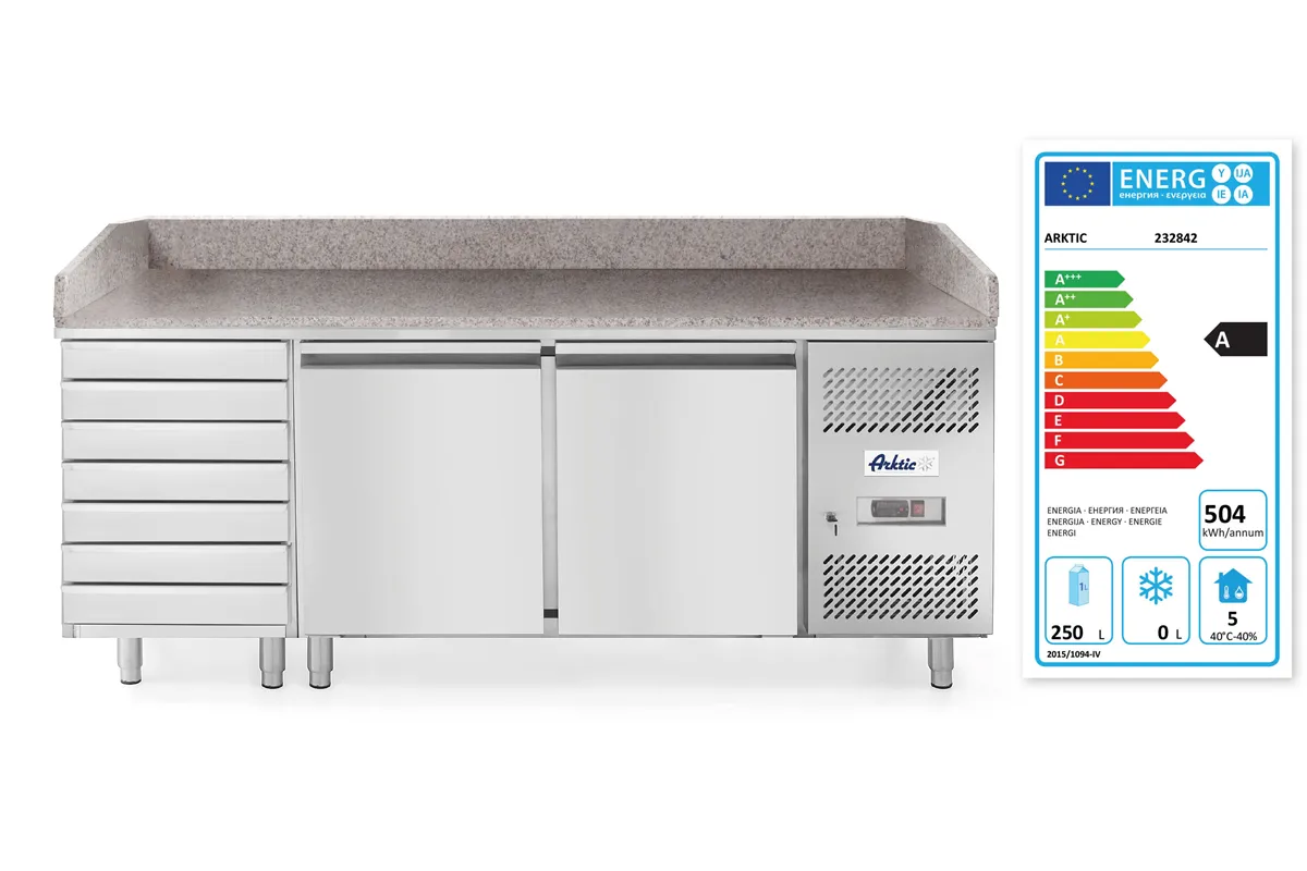 Stół chłodniczy do pizzy 2-drzwiowy z 7 szufladami i blatem granitowym, 250L, 230V/250W, 2020x802x1000mm Arktic 232842