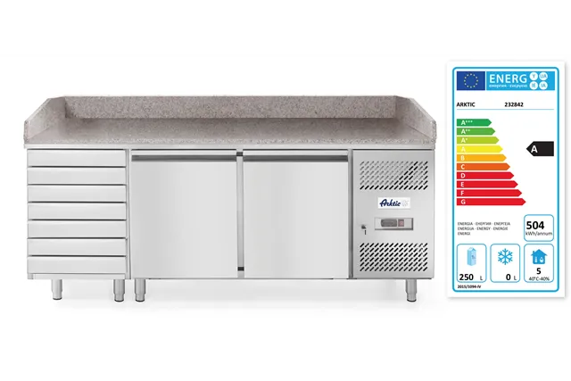 Stół chłodniczy do pizzy 2-drzwiowy z 7 szufladami i blatem granitowym, 250L, 230V/250W, 2020x802x1000mm Arktic 232842