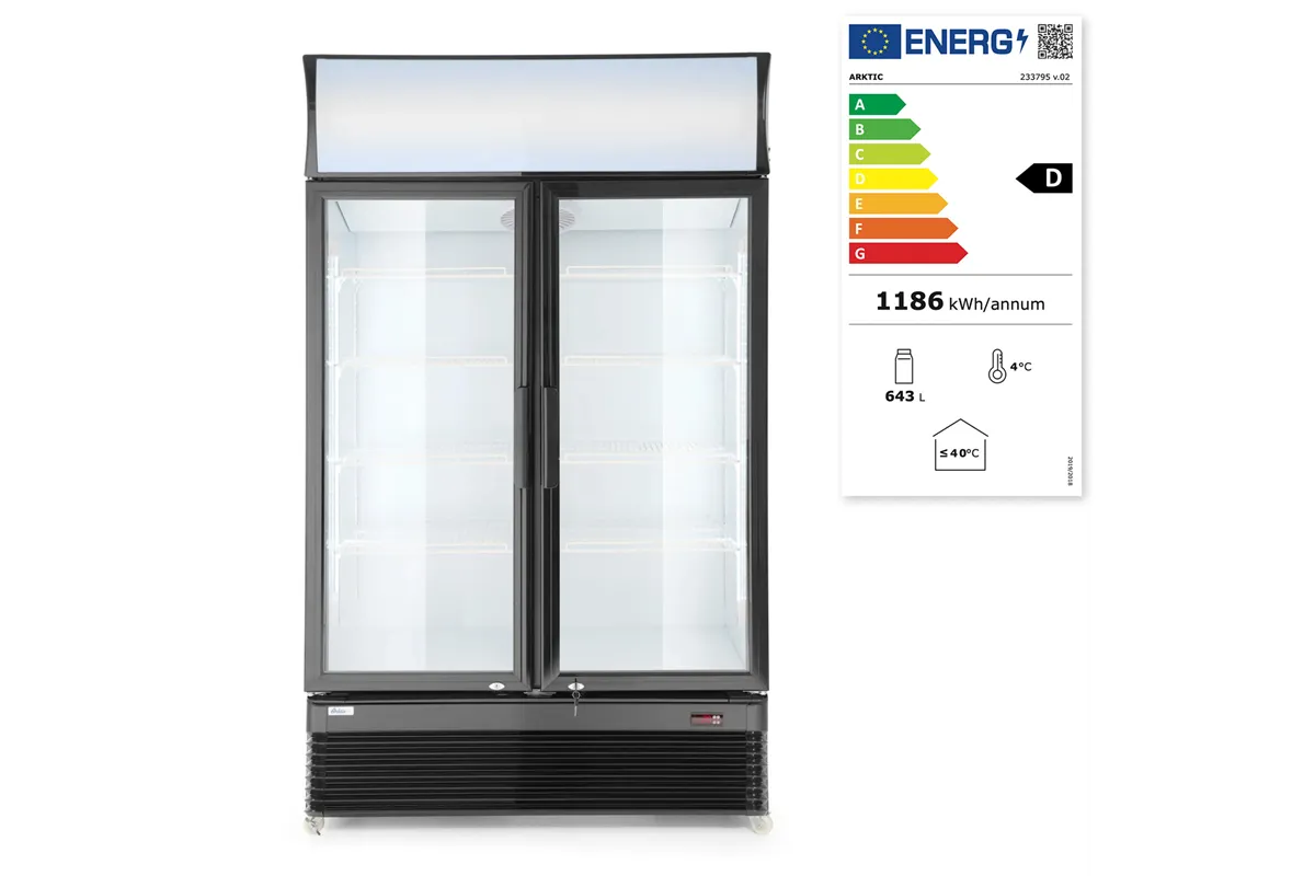 Lodówka barowa z podświetlanym panelem, 2-drzwiowa, 512L, czarny, 220-240V/510W, 1120x585x1900mm Arktic 233795
