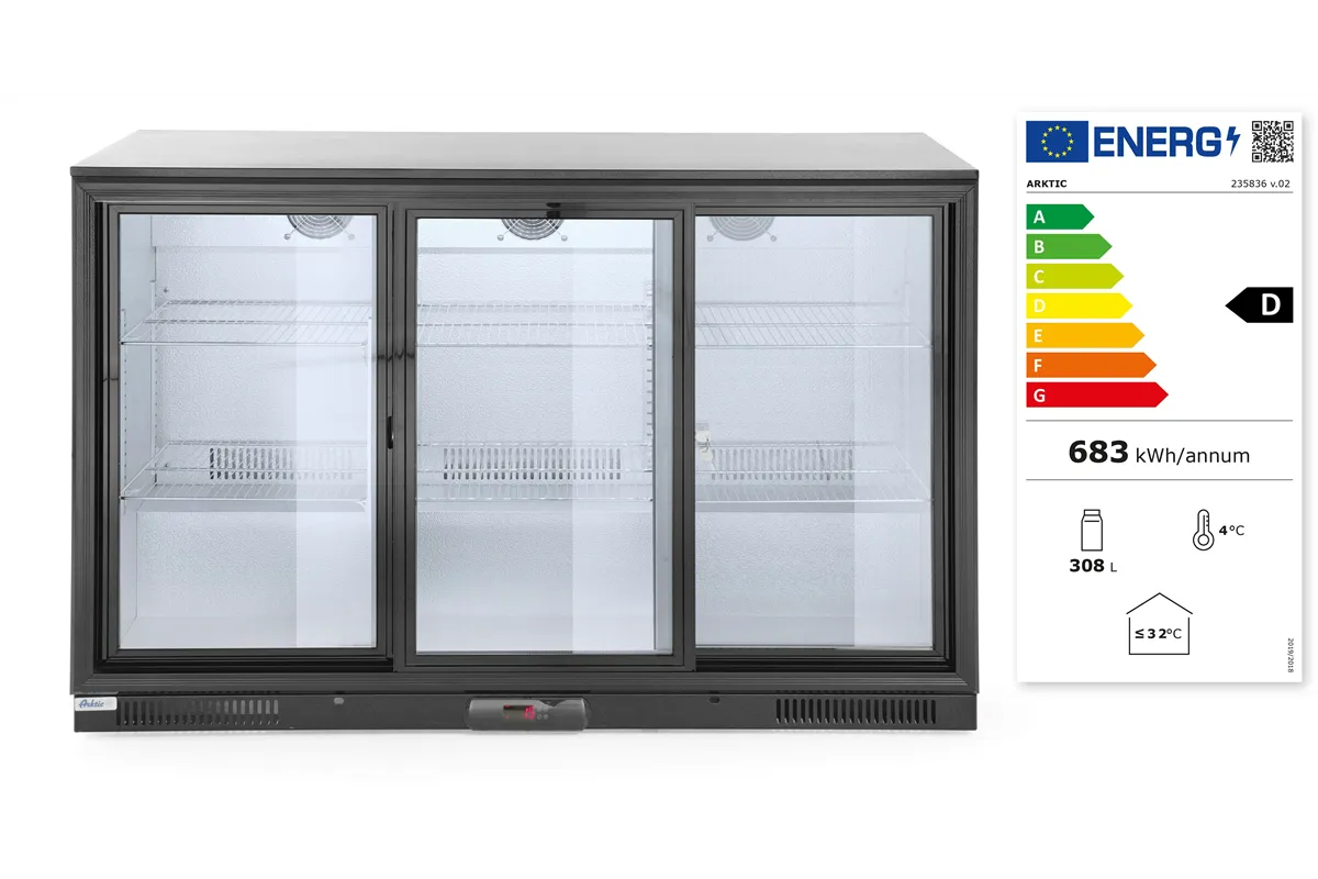 Lodówka barowa z potrójnymi drzwiami suwanymi, 254L, czarny, 220-240V/160W, 1350x520x865mm Arktic 235836