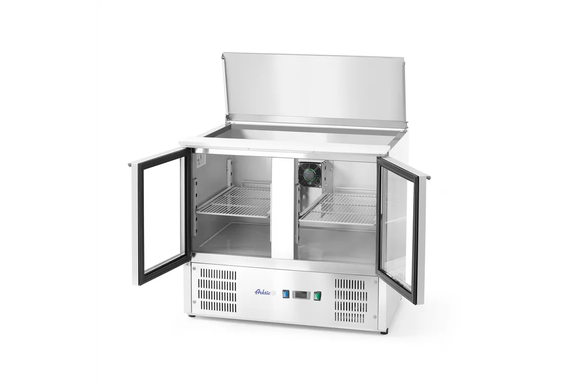 Stół chłodniczy 2-drzwiowy przeszklony z pokrywą uchylną, 247L, 230V/145W, 900x700x860mm Arktic 236246