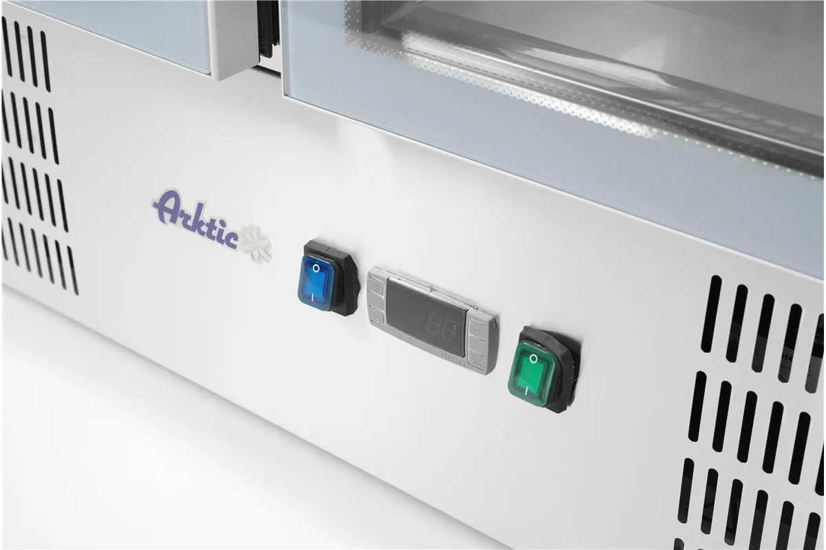 Stół chłodniczy 2-drzwiowy przeszklony z pokrywą uchylną, 247L, 230V/145W, 900x700x860mm Arktic 236246