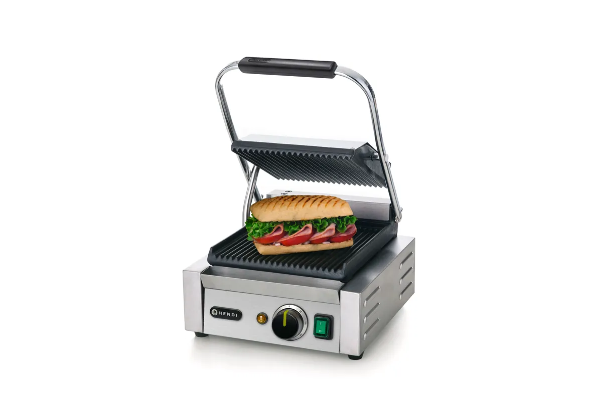 Grill kontaktowy pojedynczy, góra i dół ryflowane, 230V/1800W, 310x375x216mm Hendi 263501