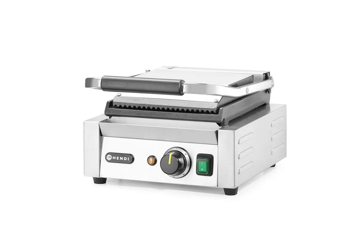 Grill kontaktowy pojedynczy, góra ryflowana , dół gładki, 230V/1800W, 310x375x216mm Hendi 263600