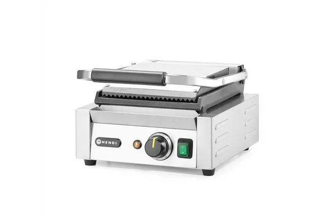 Grill kontaktowy pojedynczy, góra ryflowana , dół gładki, 230V/1800W, 310x375x216mm Hendi 263600