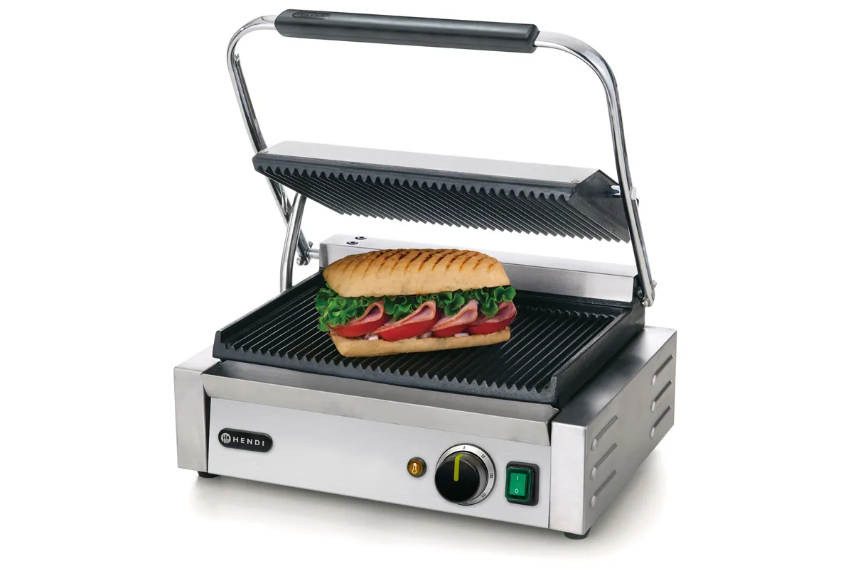 Grill kontaktowy Panini, góra i dół ryflowane, 230V/2200W, 430x375x216mm Hendi 263655