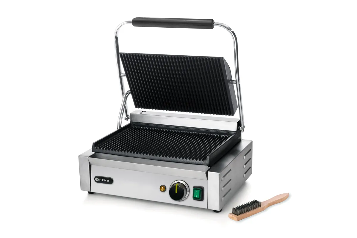 Grill kontaktowy Panini, góra i dół ryflowane, 230V/2200W, 430x375x216mm Hendi 263655