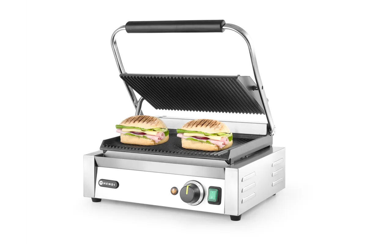 Grill kontaktowy Panini, góra i dół ryflowane, 230V/2200W, 430x375x216mm Hendi 263655