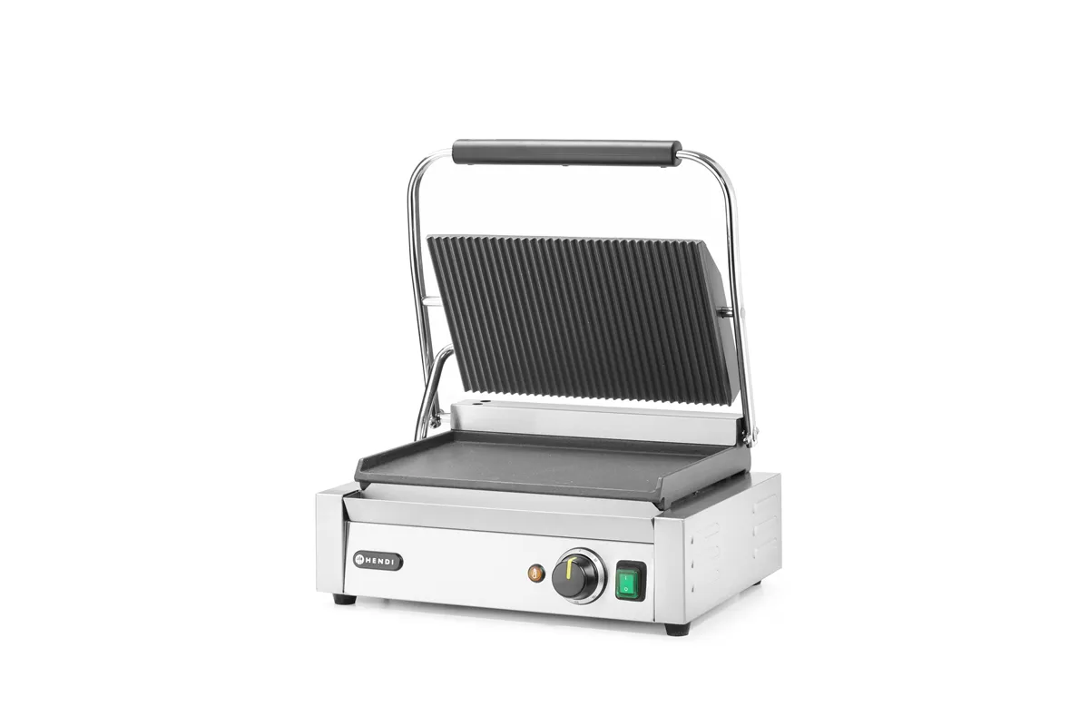 Grill kontaktowy Panini, góra ryflowana, dół gładki, 230V/2200W, 430x375x216mm Hendi 263662
