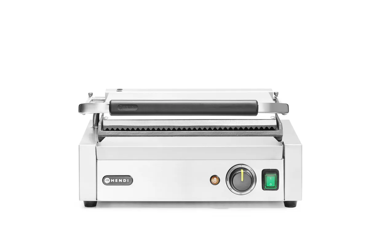 Grill kontaktowy Panini, góra ryflowana, dół gładki, 230V/2200W, 430x375x216mm Hendi 263662