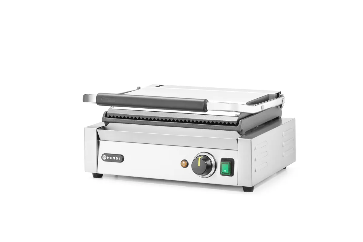 Grill kontaktowy Panini, góra ryflowana, dół gładki, 230V/2200W, 430x375x216mm Hendi 263662
