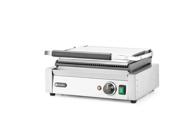 Grill kontaktowy Panini, góra ryflowana, dół gładki, 230V/2200W, 430x375x216mm Hendi 263662