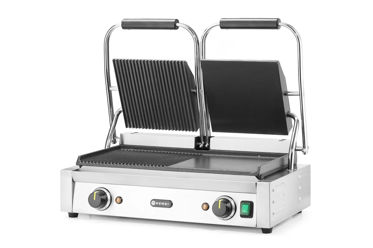Grill kontaktowy podwójny, 1/2 gładka, 1/2 ryflowana, 230V/3600W, 570x375x216mm Hendi 263907