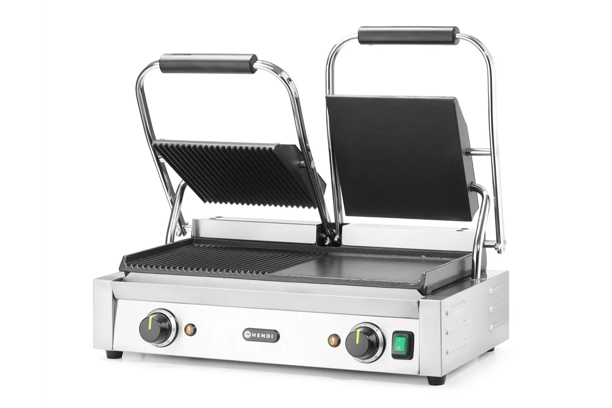 Grill kontaktowy podwójny, 1/2 gładka, 1/2 ryflowana, 230V/3600W, 570x375x216mm Hendi 263907