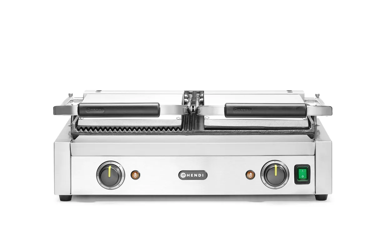 Grill kontaktowy podwójny, 1/2 gładka, 1/2 ryflowana, 230V/3600W, 570x375x216mm Hendi 263907