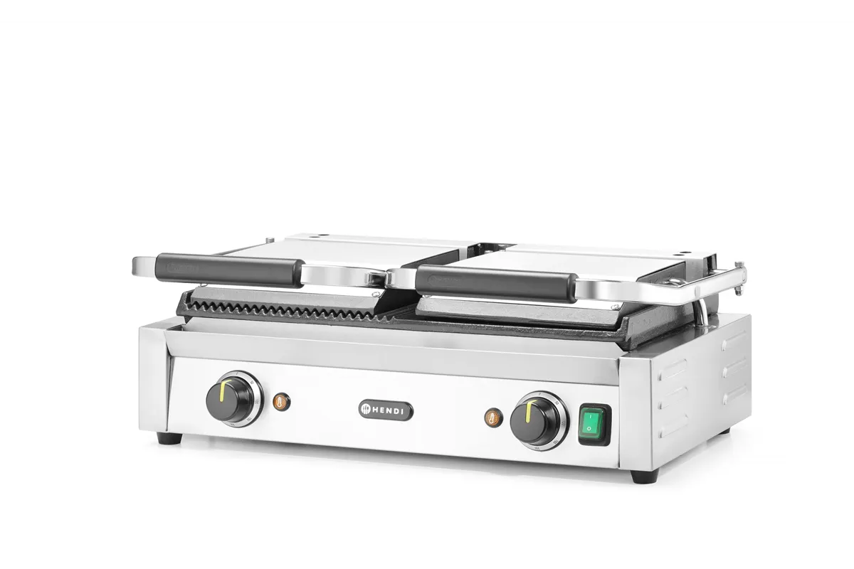 Grill kontaktowy podwójny, 1/2 gładka, 1/2 ryflowana, 230V/3600W, 570x375x216mm Hendi 263907
