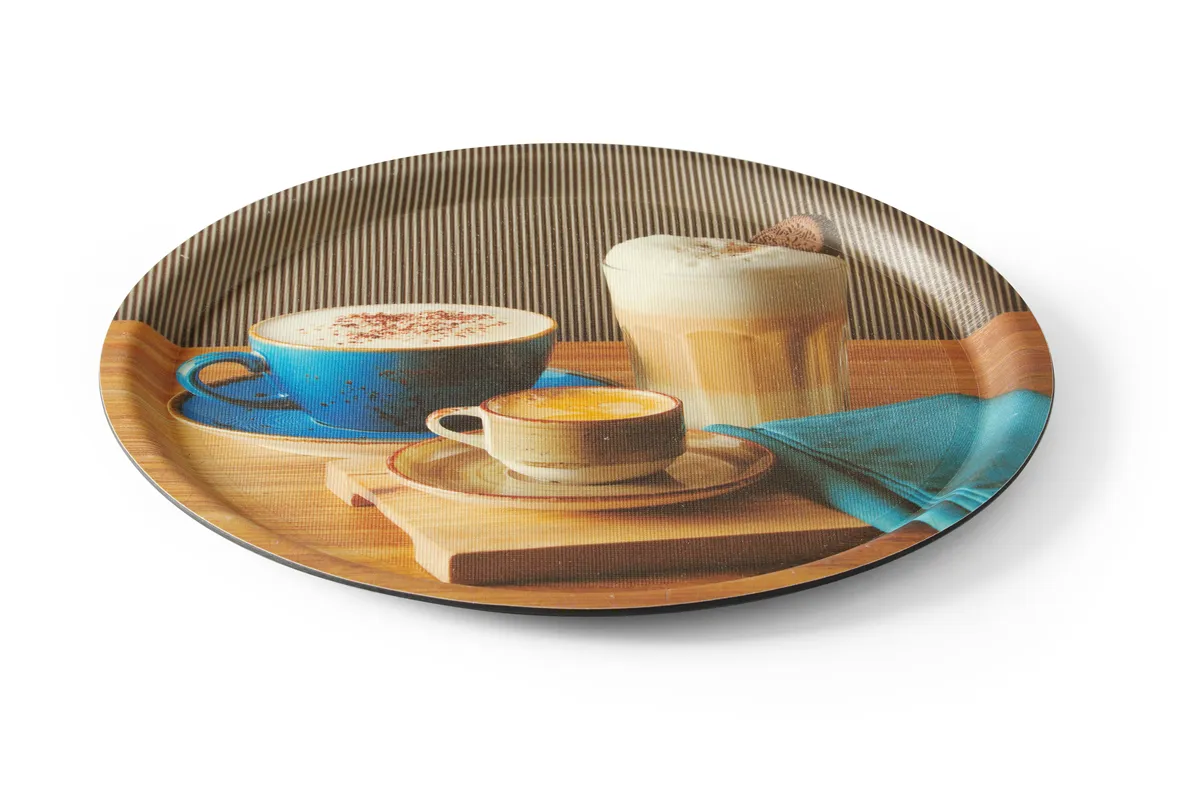 Taca do serwowania antypoślizgowa, z nadrukiem, tasty coffee, ⌀380x15mm Hendi 507971