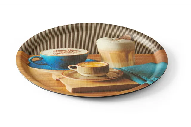 Taca do serwowania antypoślizgowa, z nadrukiem, tasty coffee, ⌀380x15mm Hendi 507971