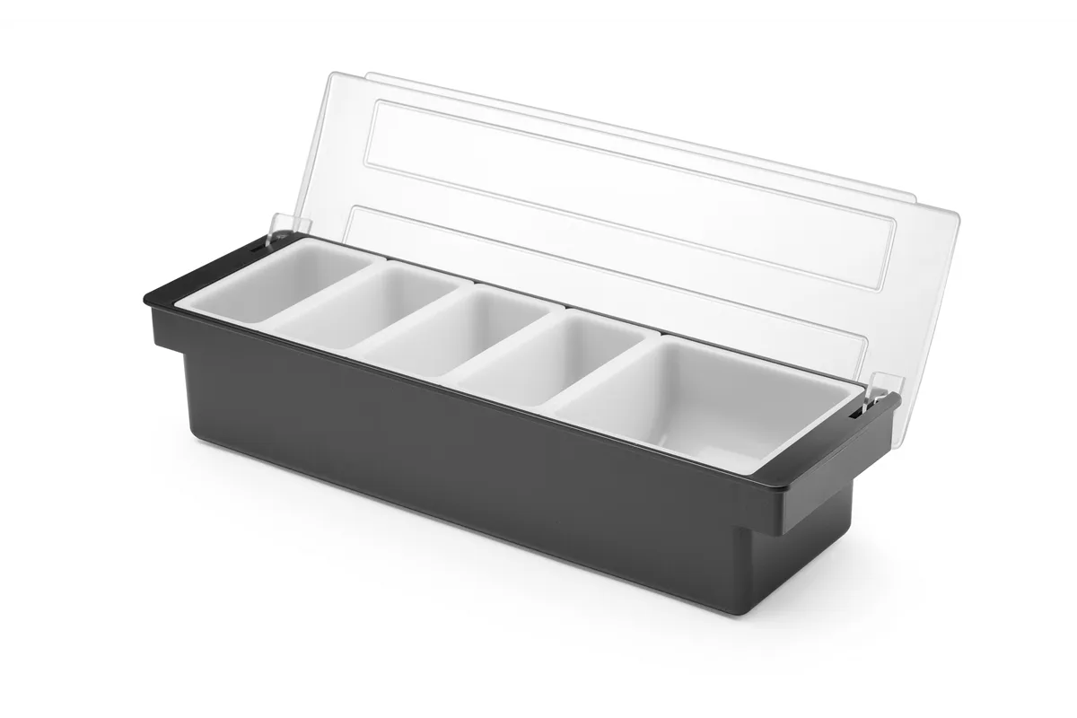 Pojemnik barmański na dodatki do drinków - 5 wkładów, czarny, 480x150x100mm BarUp 552131