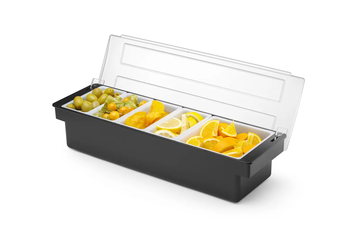 Pojemnik barmański na dodatki do drinków - 5 wkładów, czarny, 480x150x100mm BarUp 552131