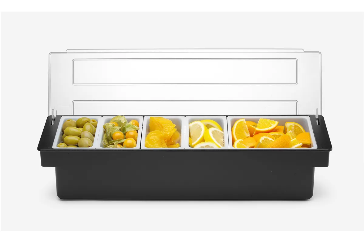 Pojemnik barmański na dodatki do drinków - 5 wkładów, czarny, 480x150x100mm BarUp 552131