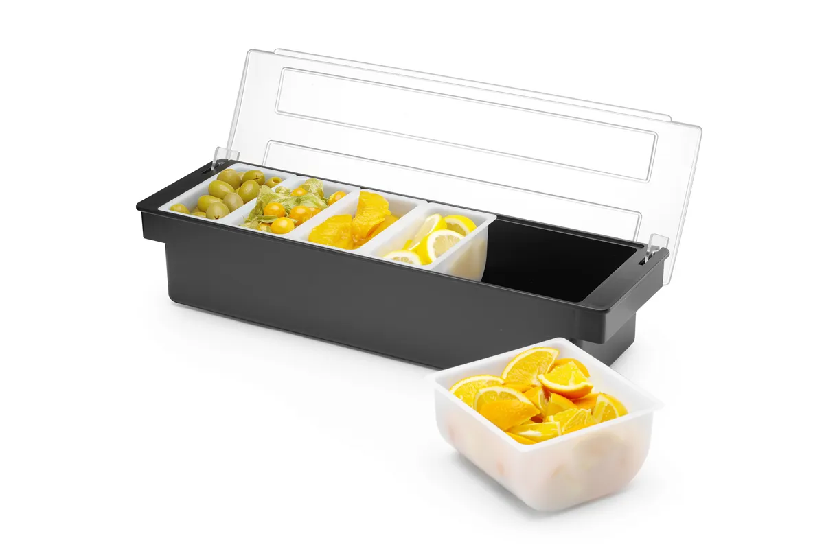 Pojemnik barmański na dodatki do drinków - 5 wkładów, czarny, 480x150x100mm BarUp 552131