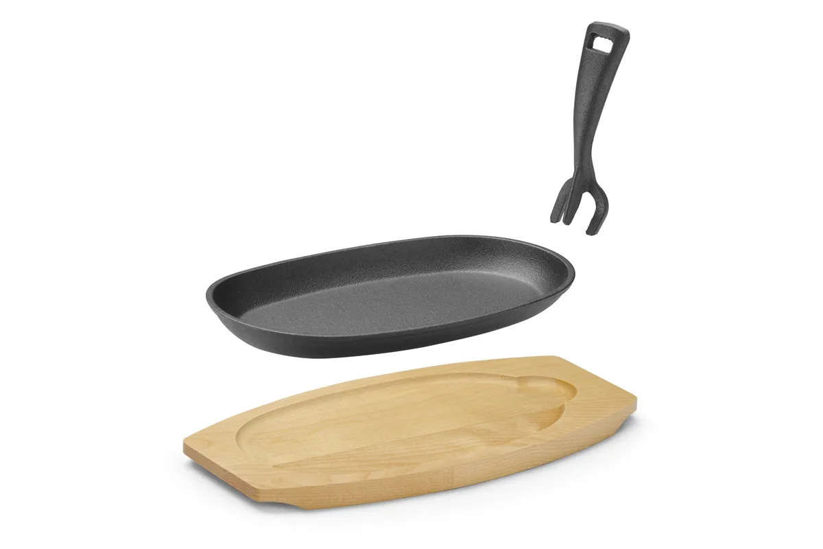 Półmisek żeliwny z drewnianą podstawą i uchwytem, czarny, 280x140x30mm, Owalny Hendi 629383