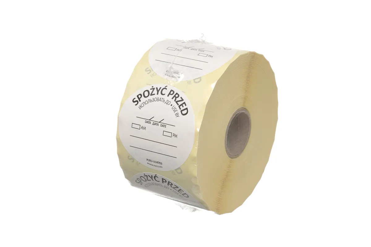 Etykiety Food Safety, wielorazowe – „SPOŻYĆ W PIERWSZEJ KOLEJNOŚCI”, 500 szt. w rolce, biały, 500 szt., ⌀50mm Hendi 850145