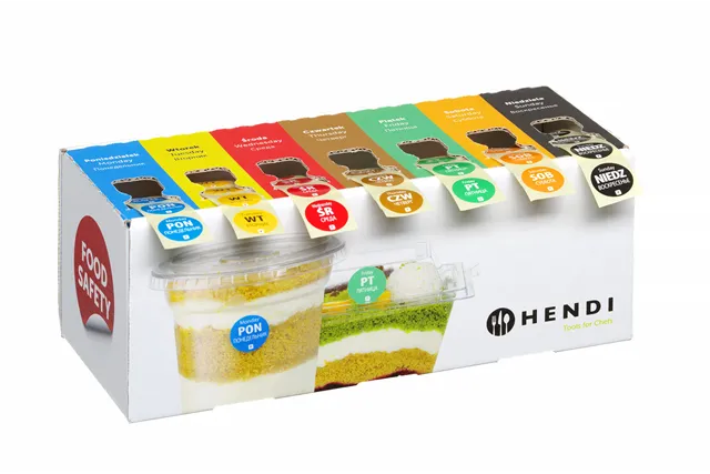 Zestaw etykiet jednorazowych Food Safety na każdy dzień tygodnia z podajnikiem, 240x80x100mm Hendi 850299