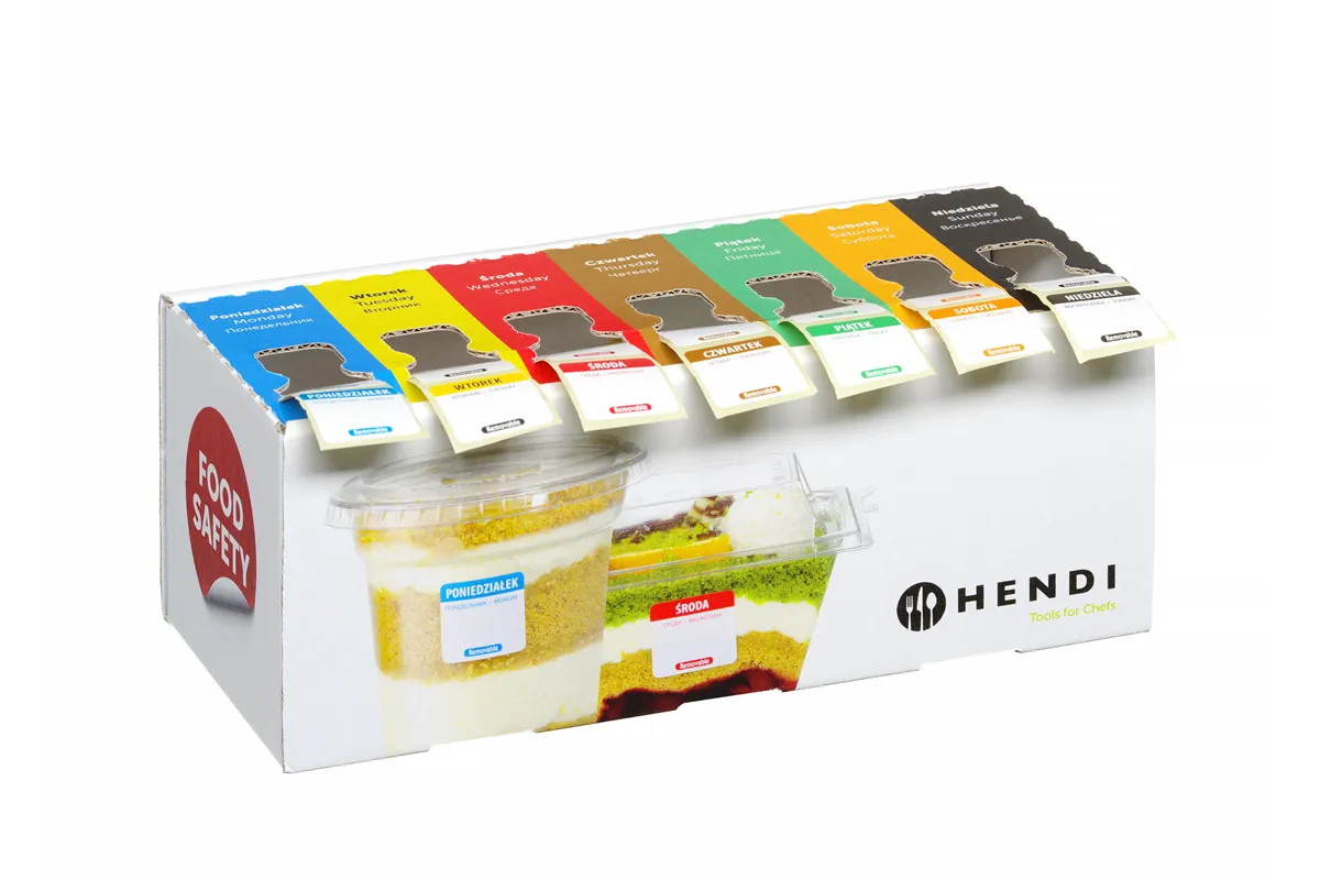 Zestaw etykiet wielorazowych Food Safety na każdy dzień tygodnia z podajnikiem, 240x80x100mm Hendi 850305