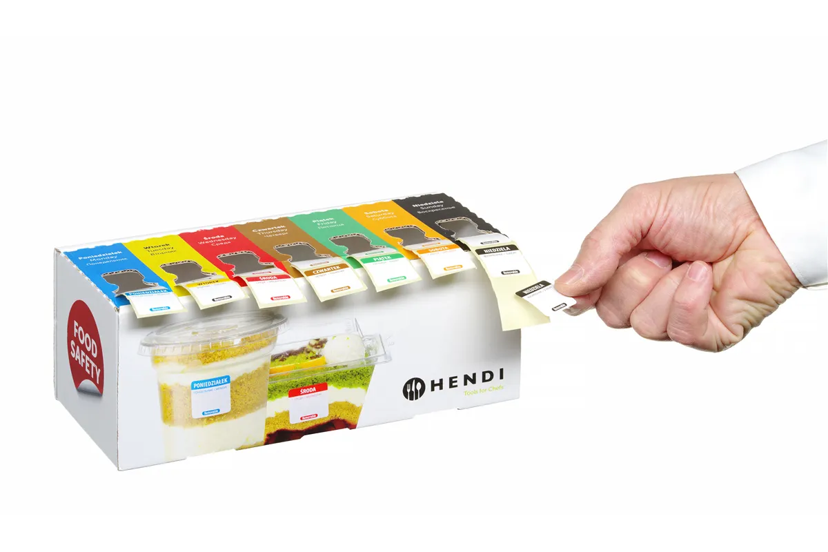 Zestaw etykiet wielorazowych Food Safety na każdy dzień tygodnia z podajnikiem, 240x80x100mm Hendi 850305