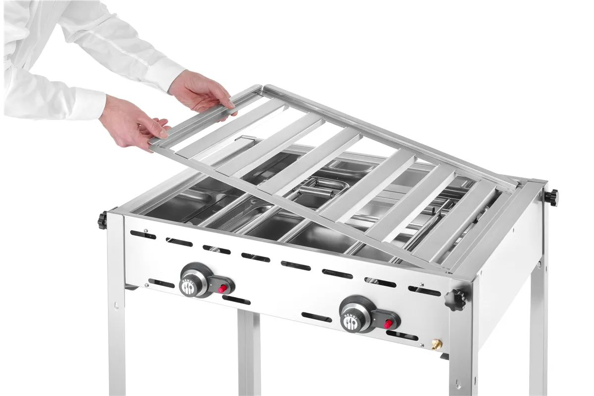 Grill Green Fire 2-palnikowy, Profi Line, Emaliowana patelnia żeliwna i ruszt GN 1/1, 11,6kW, 740x615x825mm Hendi 149508