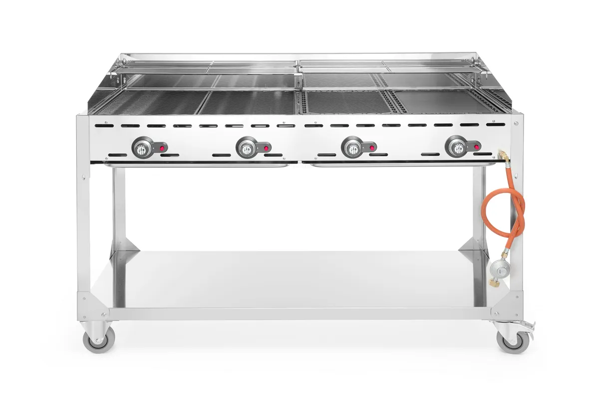 Grill Green Fire 4-palnikowy, Profi Line, podstawa z półką na kółkach, jasnoszary, 22kW, 1400x612x825mm Hendi 149614
