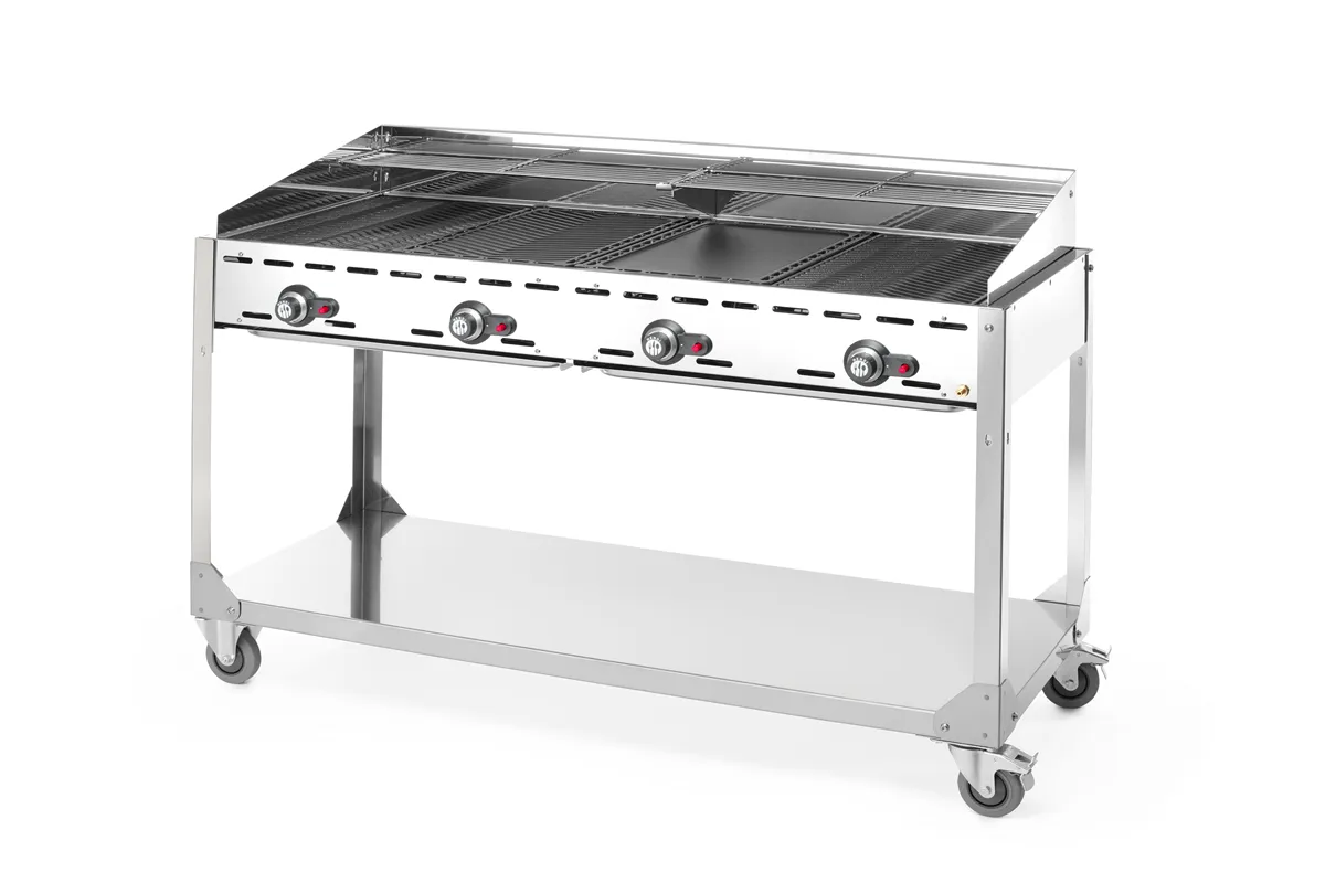 Grill Green Fire 4-palnikowy, Profi Line, podstawa z półką na kółkach, jasnoszary, 22kW, 1400x612x825mm Hendi 149614