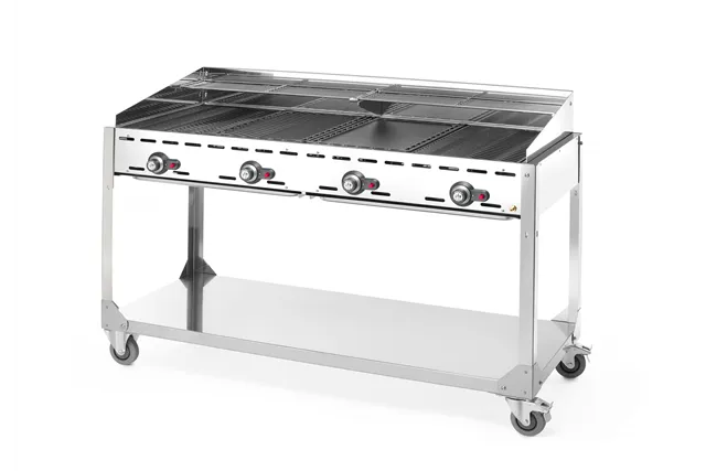 Grill Green Fire 4-palnikowy, Profi Line, podstawa z półką na kółkach, jasnoszary, 22kW, 1400x612x825mm Hendi 149614