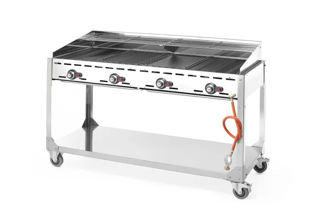 Grill Green Fire 4-palnikowy, Profi Line, podstawa z półką na kółkach, jasnoszary, 22kW, 1400x612x825mm Hendi 149614