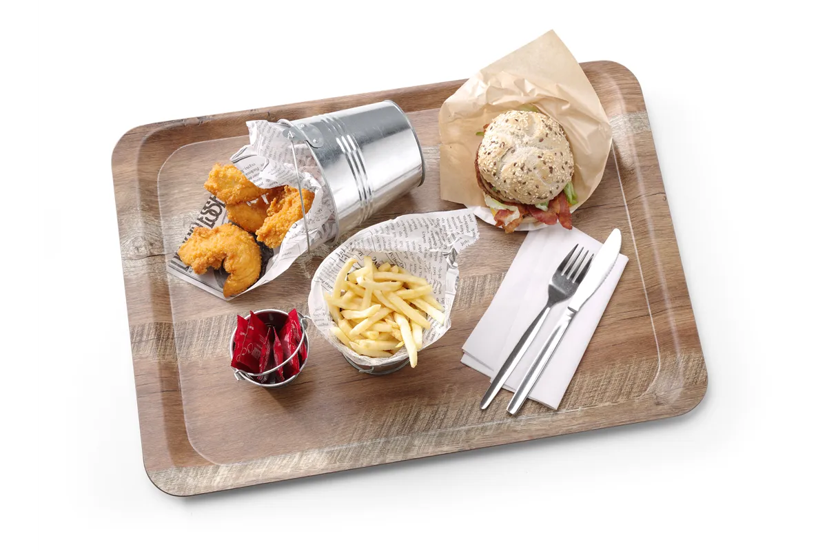 Taca do serwowania z laminatem z melaminy, antypoślizgowa, z wzorem drewna, drewno, 370x530mm AmerBox 508947