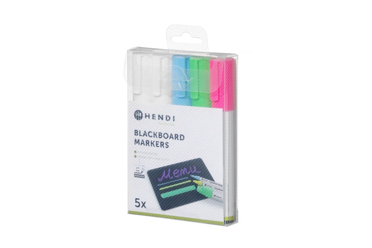 Markery do tablicy z wąską końcówką, 1 różowy, 1 zielony, 1 niebieski i 2 białe markery Hendi 664216