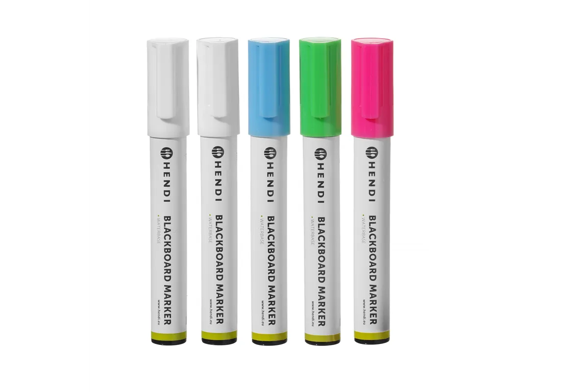 Markery do tablicy z wąską końcówką, 1 różowy, 1 zielony, 1 niebieski i 2 białe markery Hendi 664216
