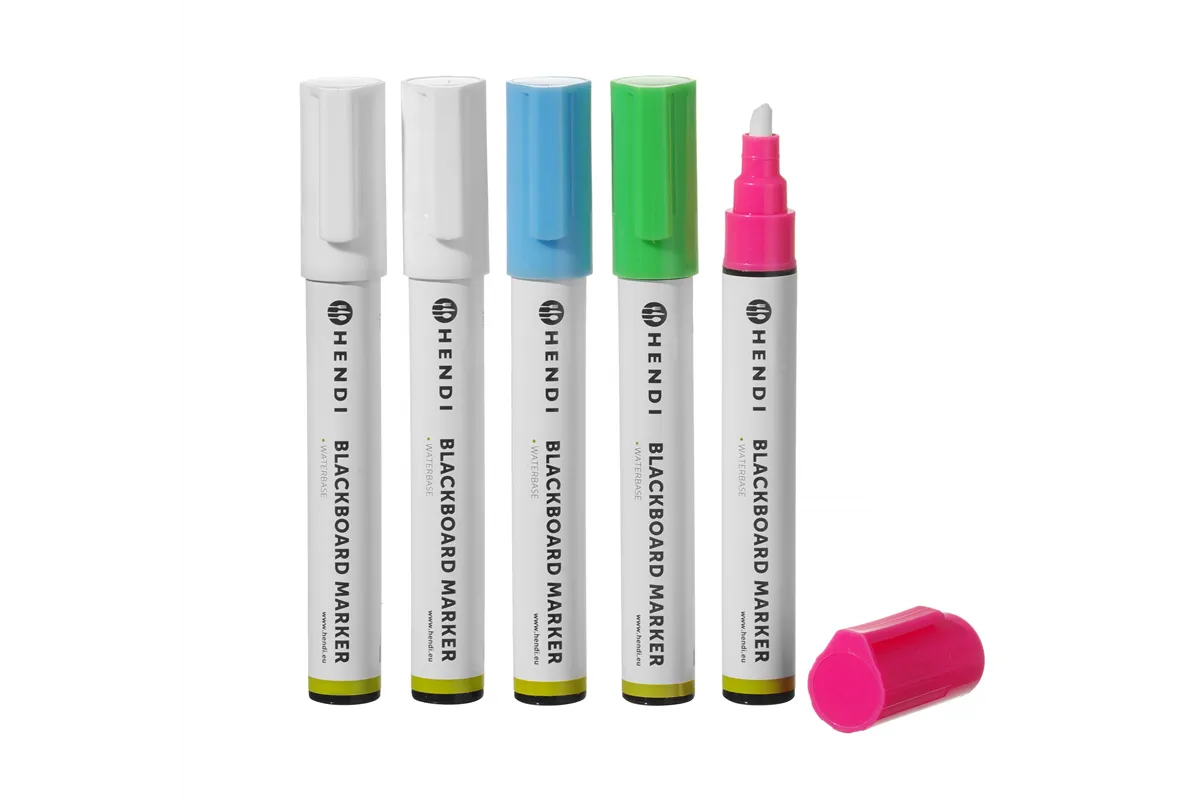 Markery do tablicy z wąską końcówką, 1 różowy, 1 zielony, 1 niebieski i 2 białe markery Hendi 664216