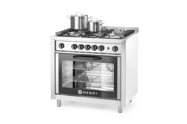 Kuchnia gazowa 5-palnikowa z piekarnikiem elektrycznym i grillem Kitchen Line 230V/2900W 14,3kW 900x653x900mm Hendi 225707