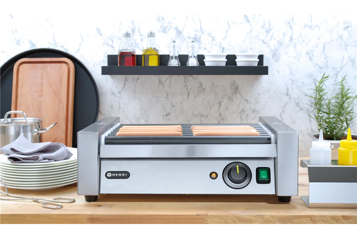 Podgrzewacz rolkowy do parówek jednostrefowy, 7 rolek, 230V/740W, 525x365x176mm Hendi 268506