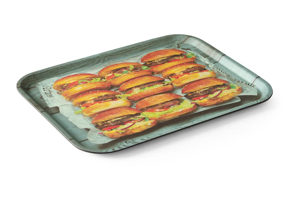 Taca do serwowania z nadrukiem, antypoślizgowa, tasty burger, 330x430mm Hendi 508008