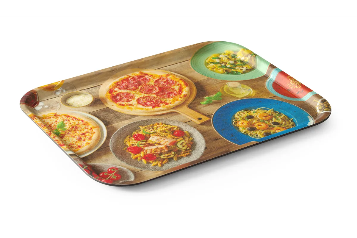 Taca do serwowania z nadrukiem, antypoślizgowa, tasty pizza & pasta, 330x430mm Hendi 508015